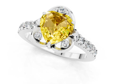 White gold Heart Cut Yellow Sapphire Ring with Pavé Band and Floral Prong Setting_1