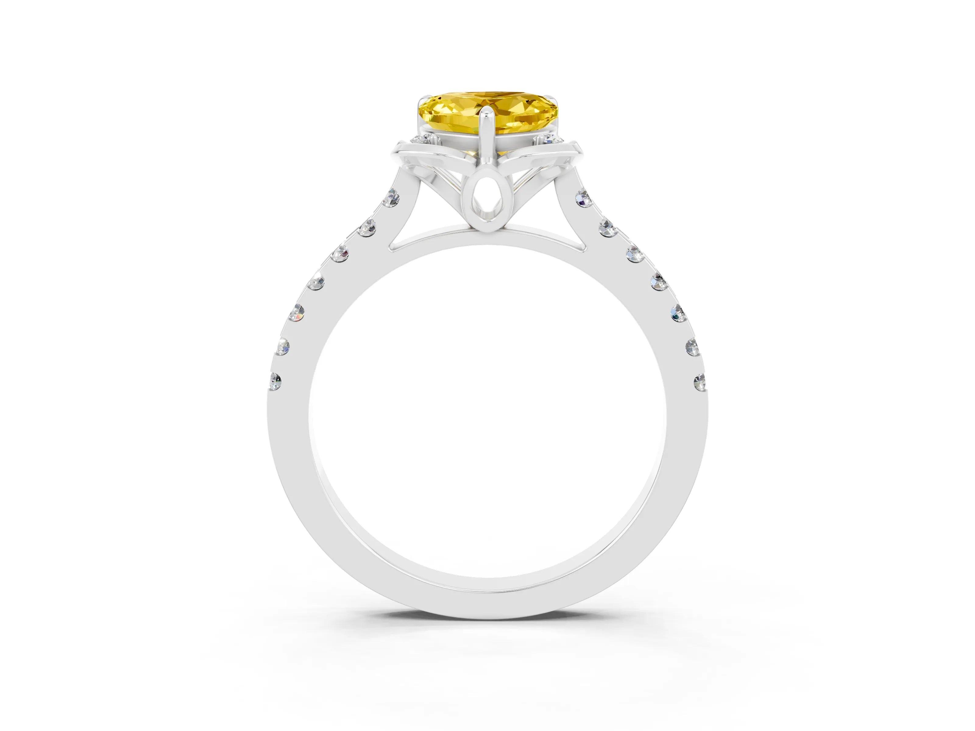 White gold Heart Cut Yellow Sapphire Ring with Pavé Band and Floral Prong Setting_3