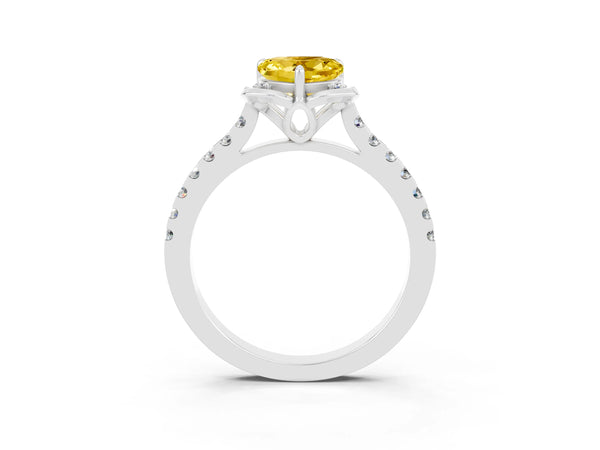 Silver Heart Cut Yellow Sapphire Ring with Pavé Band and Floral Prong Setting