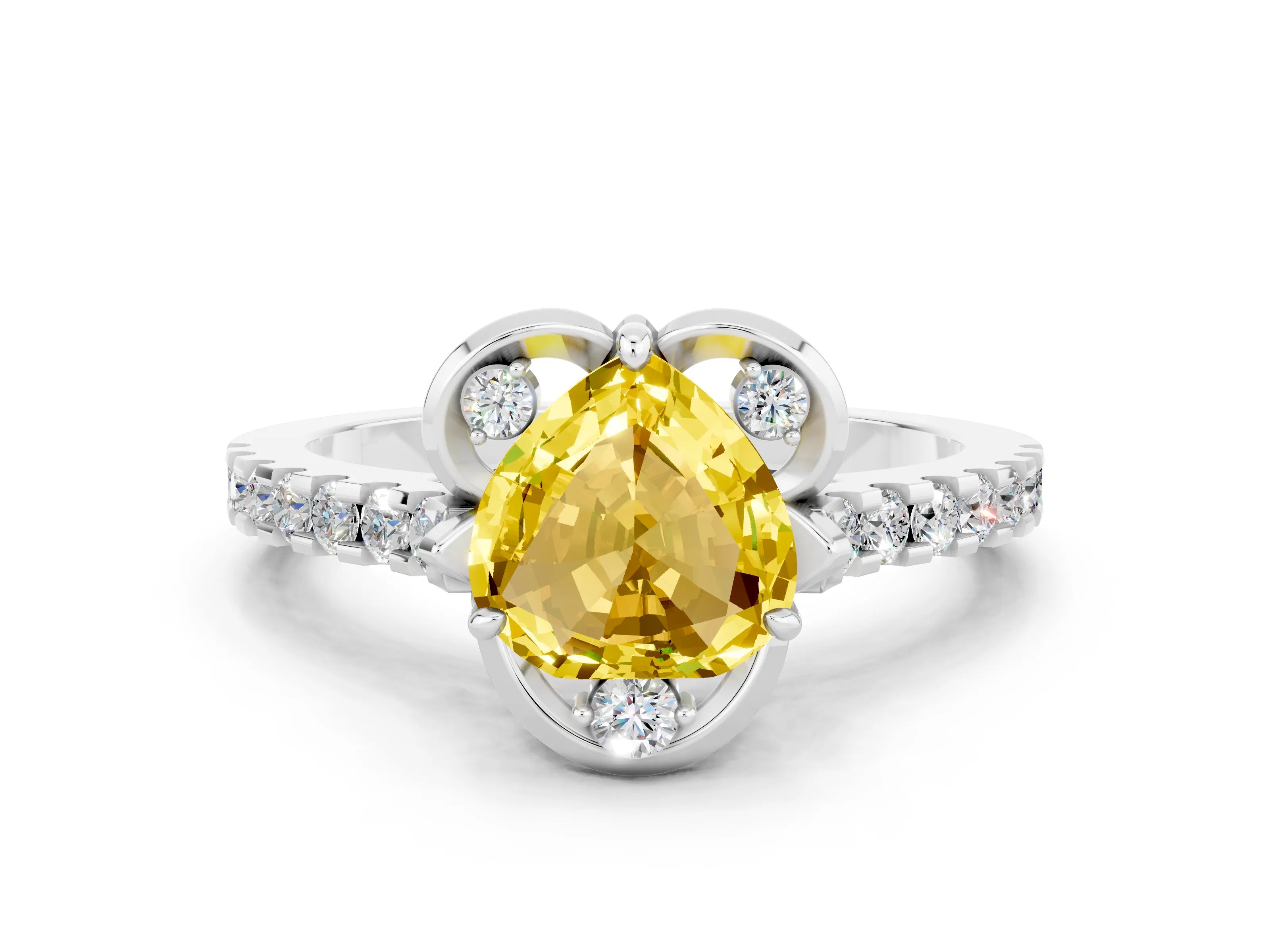 White gold Heart Cut Yellow Sapphire Ring with Pavé Band and Floral Prong Setting