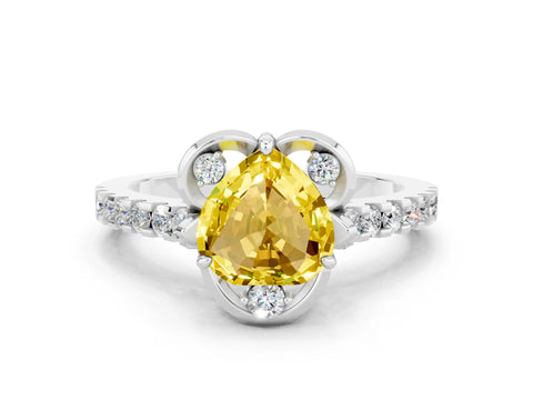 White gold Heart Cut Yellow Sapphire Ring with Pavé Band and Floral Prong Setting