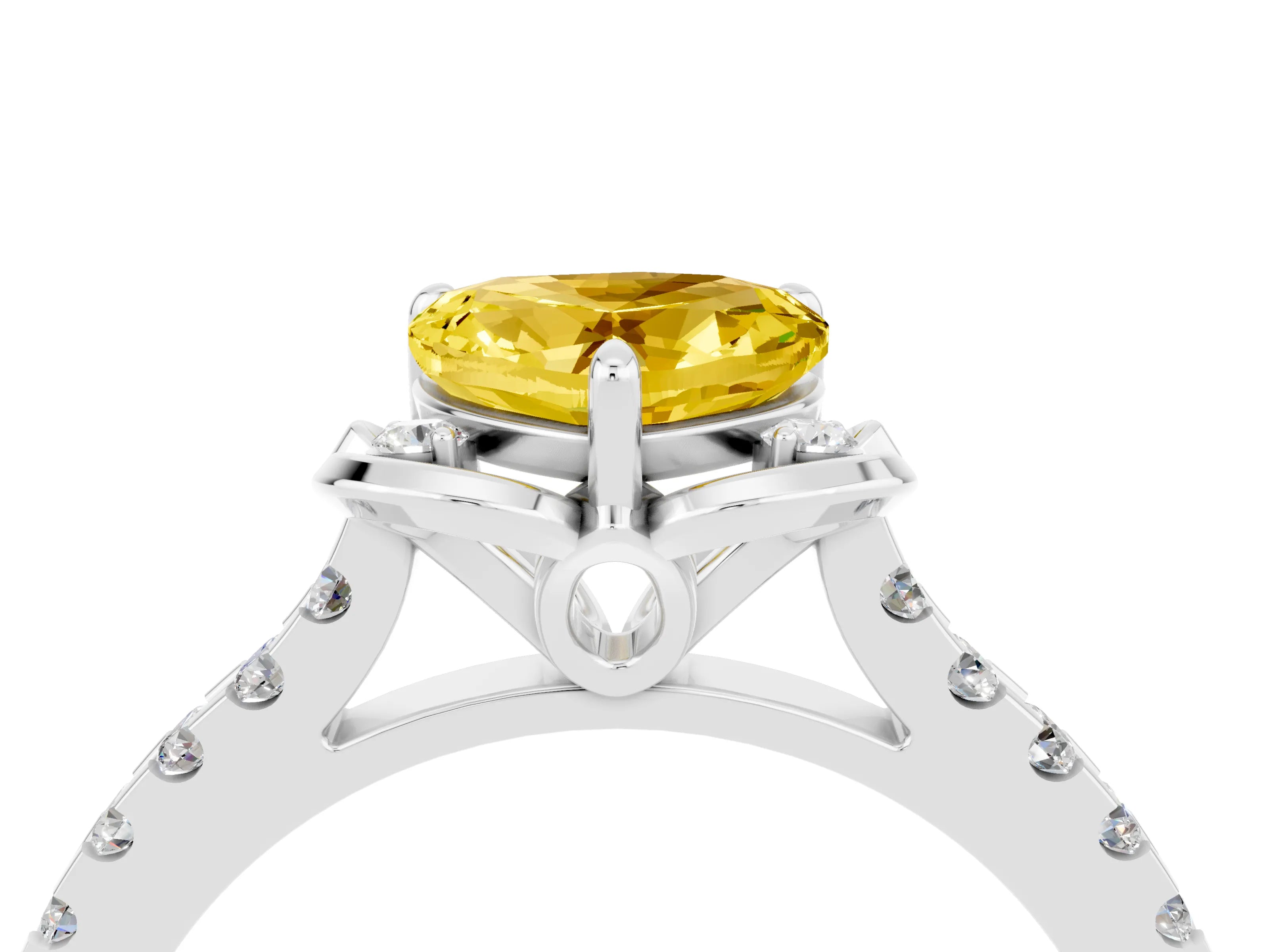 White gold Heart Cut Yellow Sapphire Ring with Pavé Band and Floral Prong Setting_4