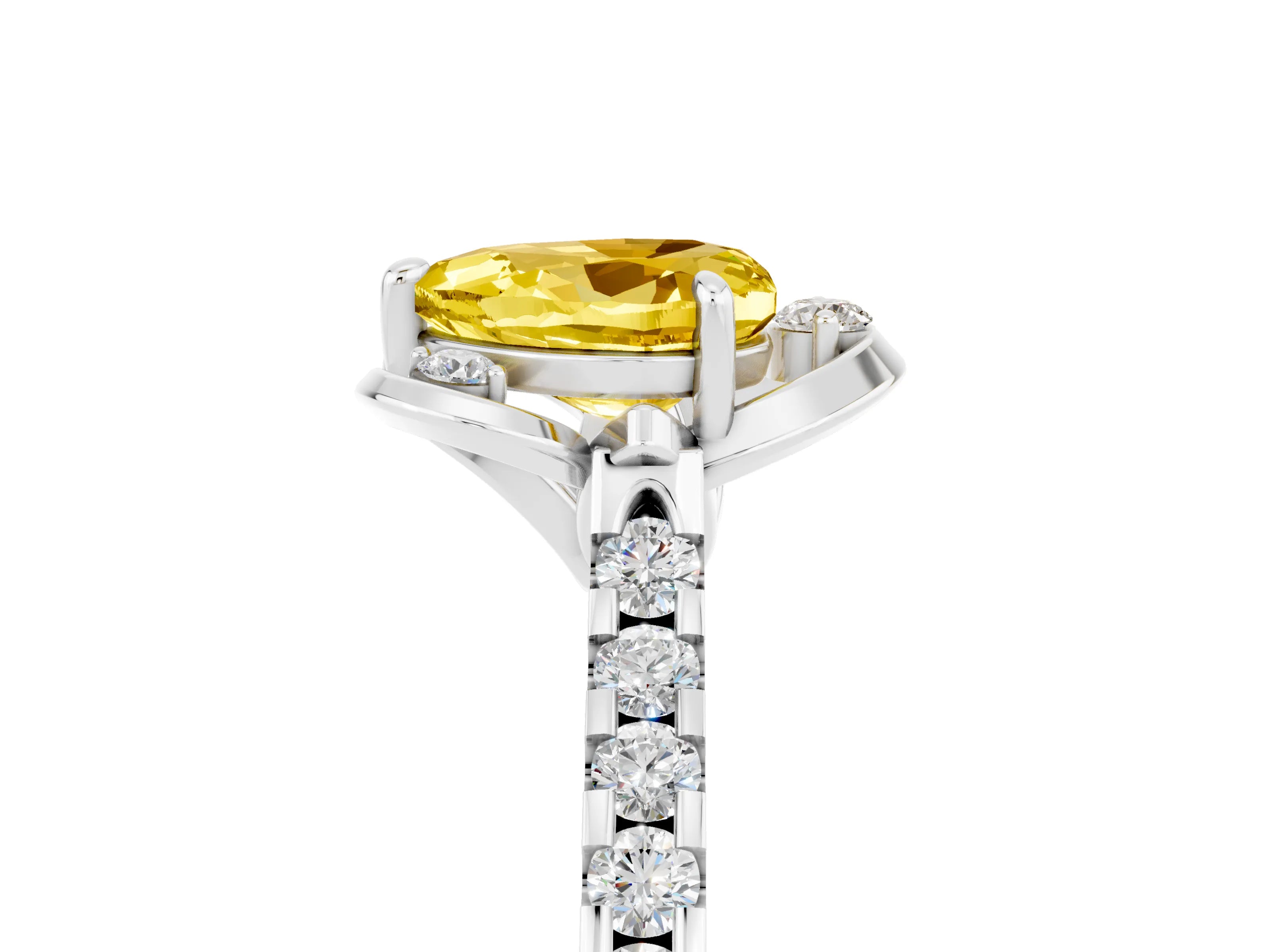 White gold Heart Cut Yellow Sapphire Ring with Pavé Band and Floral Prong Setting_5