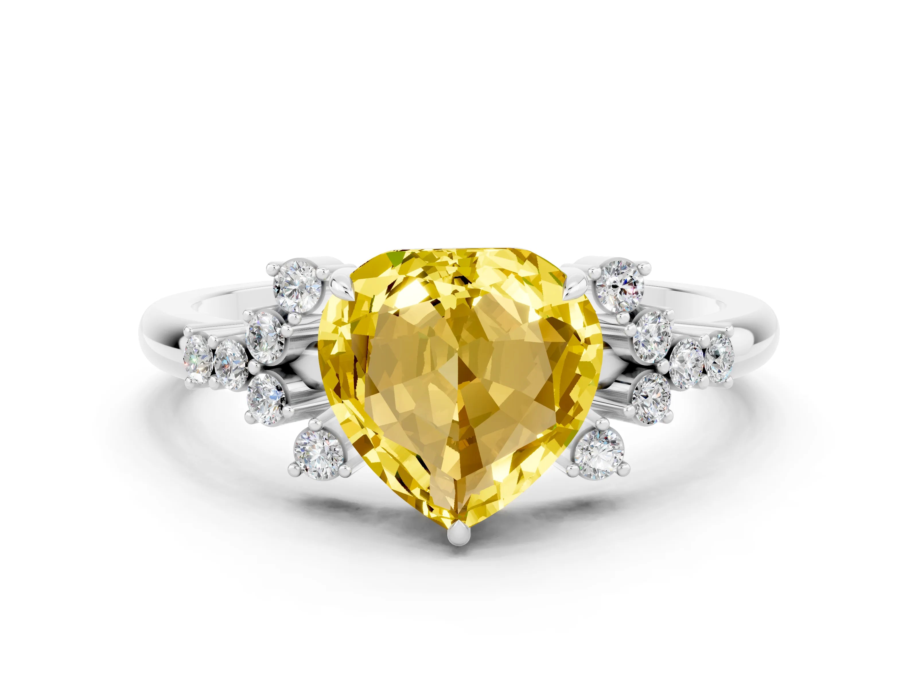 White gold Heart Cut Yellow Sapphire Ring with Side Stones and Four-Prong Setting_60
