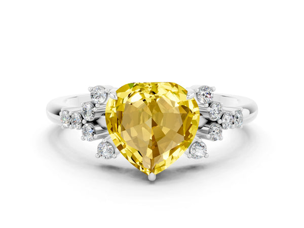 Silver Heart Cut Yellow Sapphire Ring with Side Stones and Four-Prong Setting