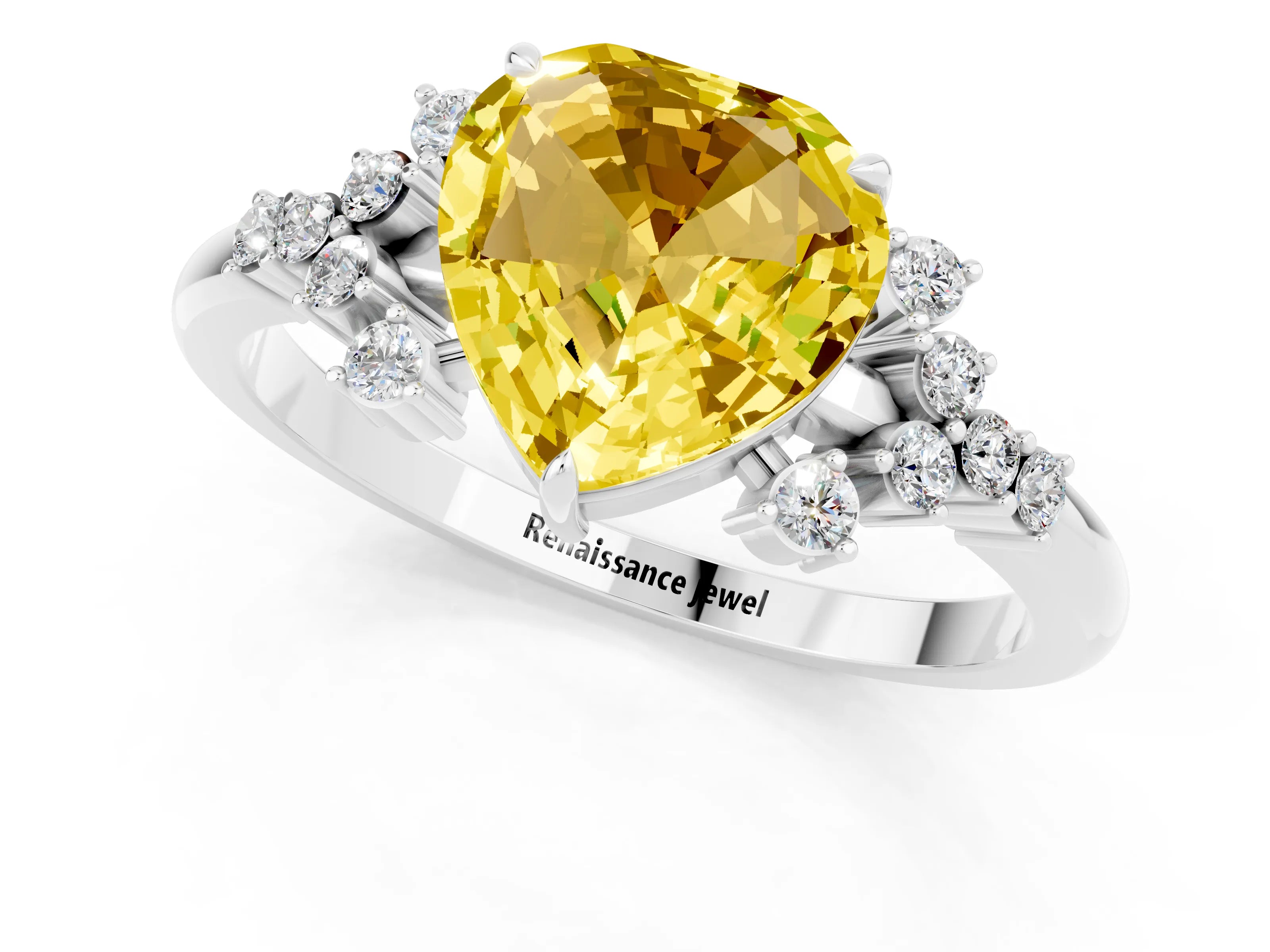 White gold Heart Cut Yellow Sapphire Ring with Side Stones and Four-Prong Setting_61