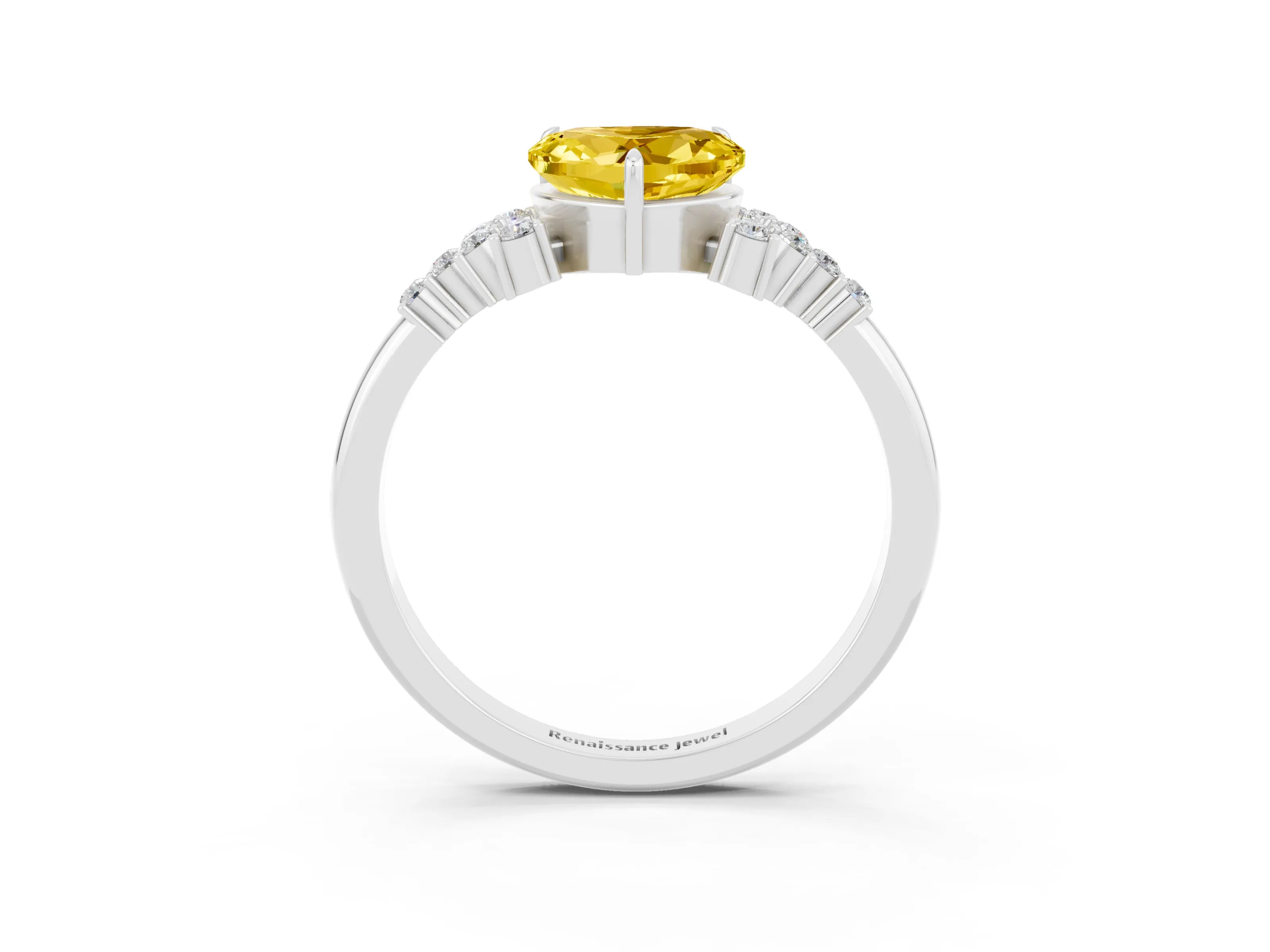 White gold Heart Cut Yellow Sapphire Ring with Side Stones and Four-Prong Setting_63