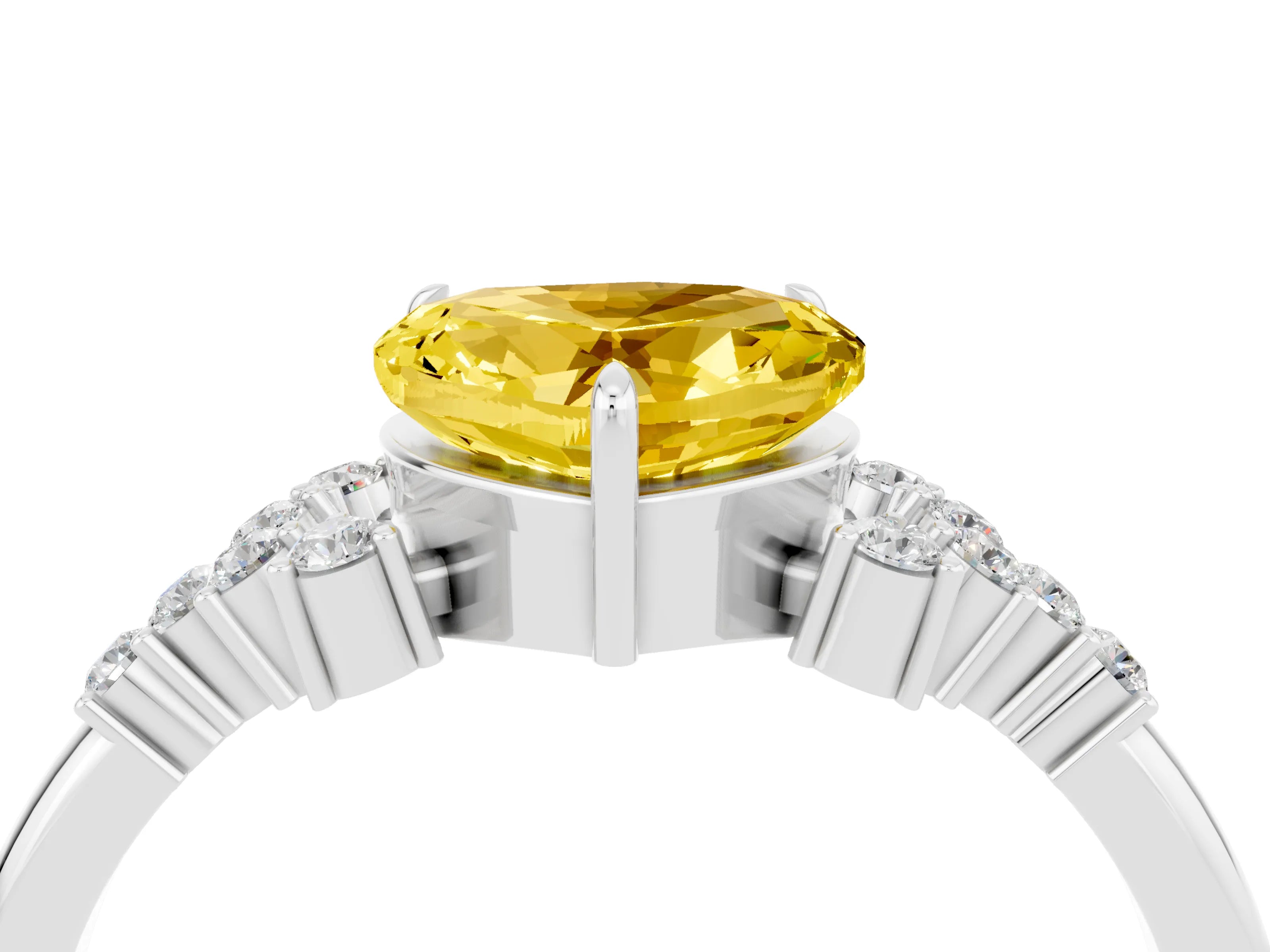 White gold Heart Cut Yellow Sapphire Ring with Side Stones and Four-Prong Setting_64