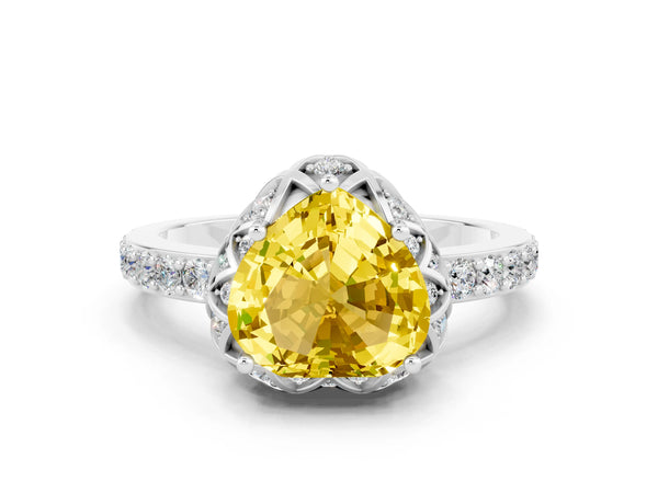 White gold Heart Cut Yellow Sapphire Scalloped Halo Engagement Ring with Round Shared Prong Band