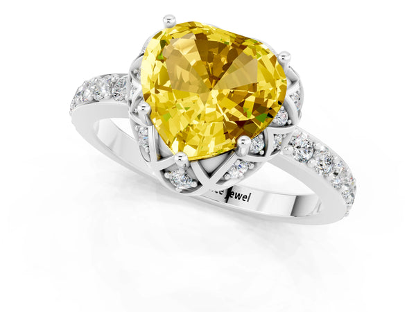 Platinum Heart Cut Yellow Sapphire Scalloped Halo Engagement Ring with Round Shared Prong Band