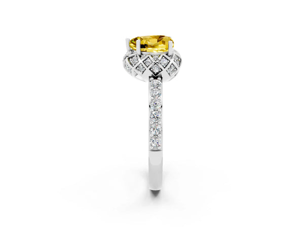 White gold Heart Cut Yellow Sapphire Scalloped Halo Engagement Ring with Round Shared Prong Band