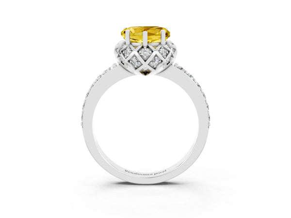 White gold Heart Cut Yellow Sapphire Scalloped Halo Engagement Ring with Round Shared Prong Band