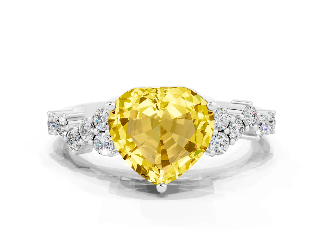 White gold Heart Cut Yellow Sapphire Scattered Round Accent Ring with Prong Setting_24