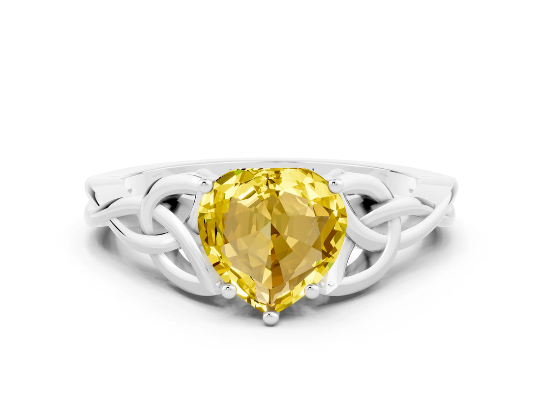 White gold Heart Cut Yellow Sapphire Solitaire Celtic Knot Ring with Four-Prong Setting_36