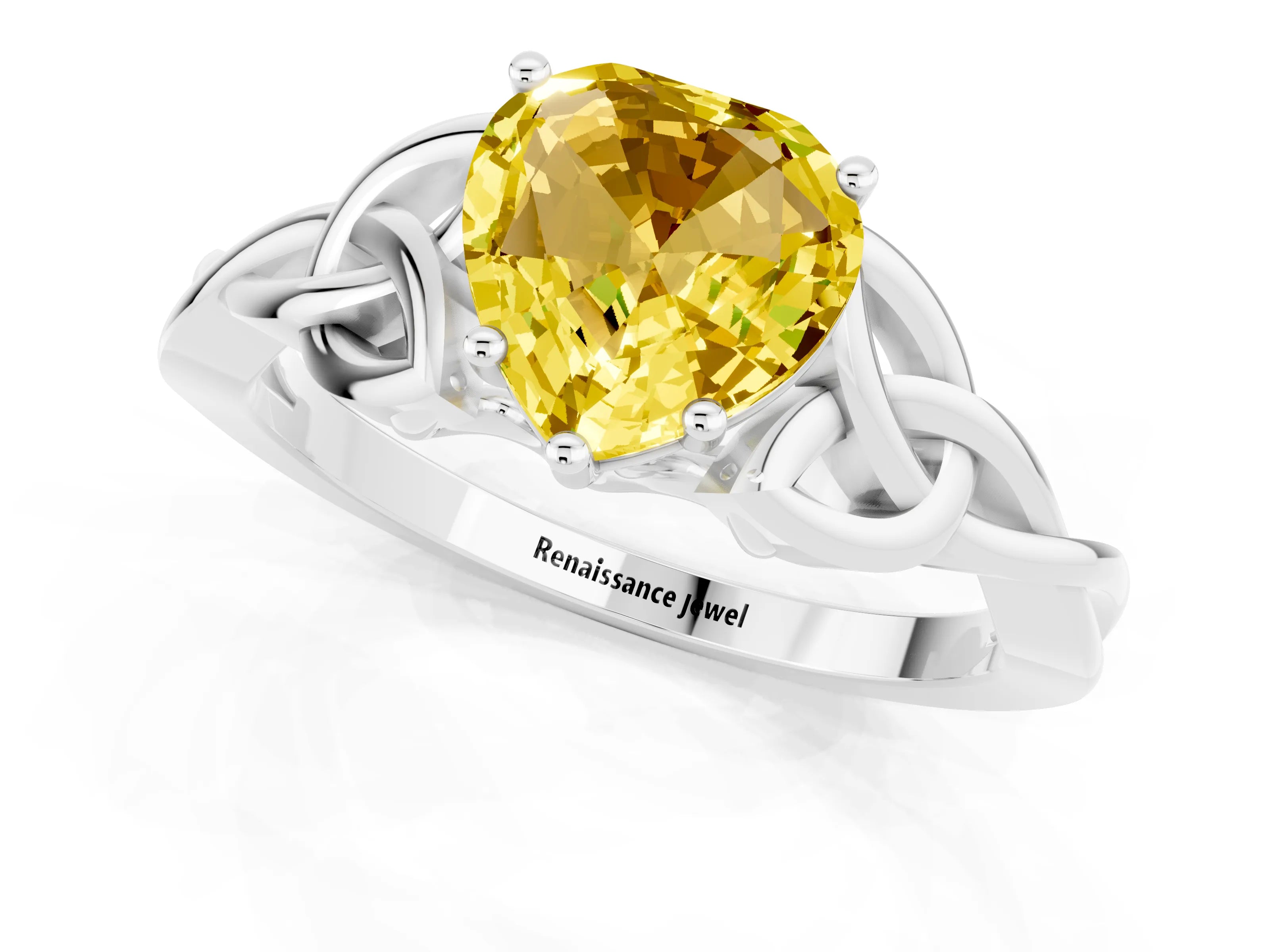 White gold Heart Cut Yellow Sapphire Solitaire Celtic Knot Ring with Four-Prong Setting_37
