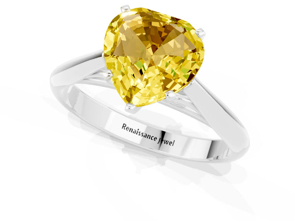 White gold Heart Cut Yellow Sapphire Solitaire Engagement Ring with Cathedral Setting and Four-Prong Mount