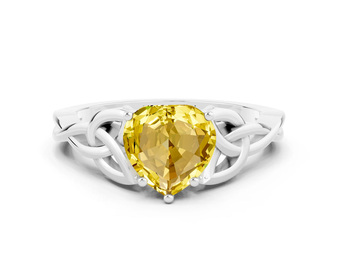 White gold Heart Cut Yellow Sapphire Solitaire Engagement Ring with Celtic Knot Band and Four-Prong Setting_24