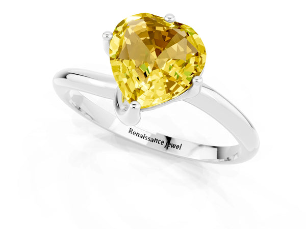 Platinum Heart Cut Yellow Sapphire Solitaire Engagement Ring with Four-Prong Setting and Classic Band
