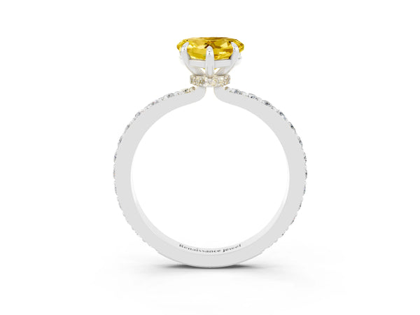 Platinum Heart Cut Yellow Sapphire Solitaire Engagement Ring with Pavé Band and Four-Prong Setting