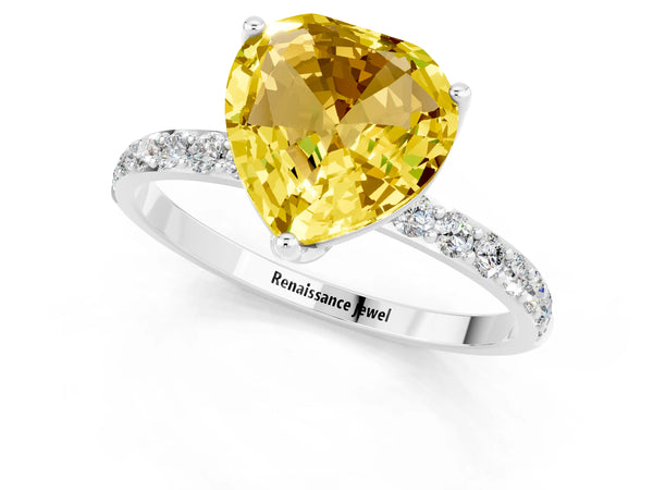 Platinum Heart Cut Yellow Sapphire Solitaire Engagement Ring with Round  Pavé Band and Prong Setting