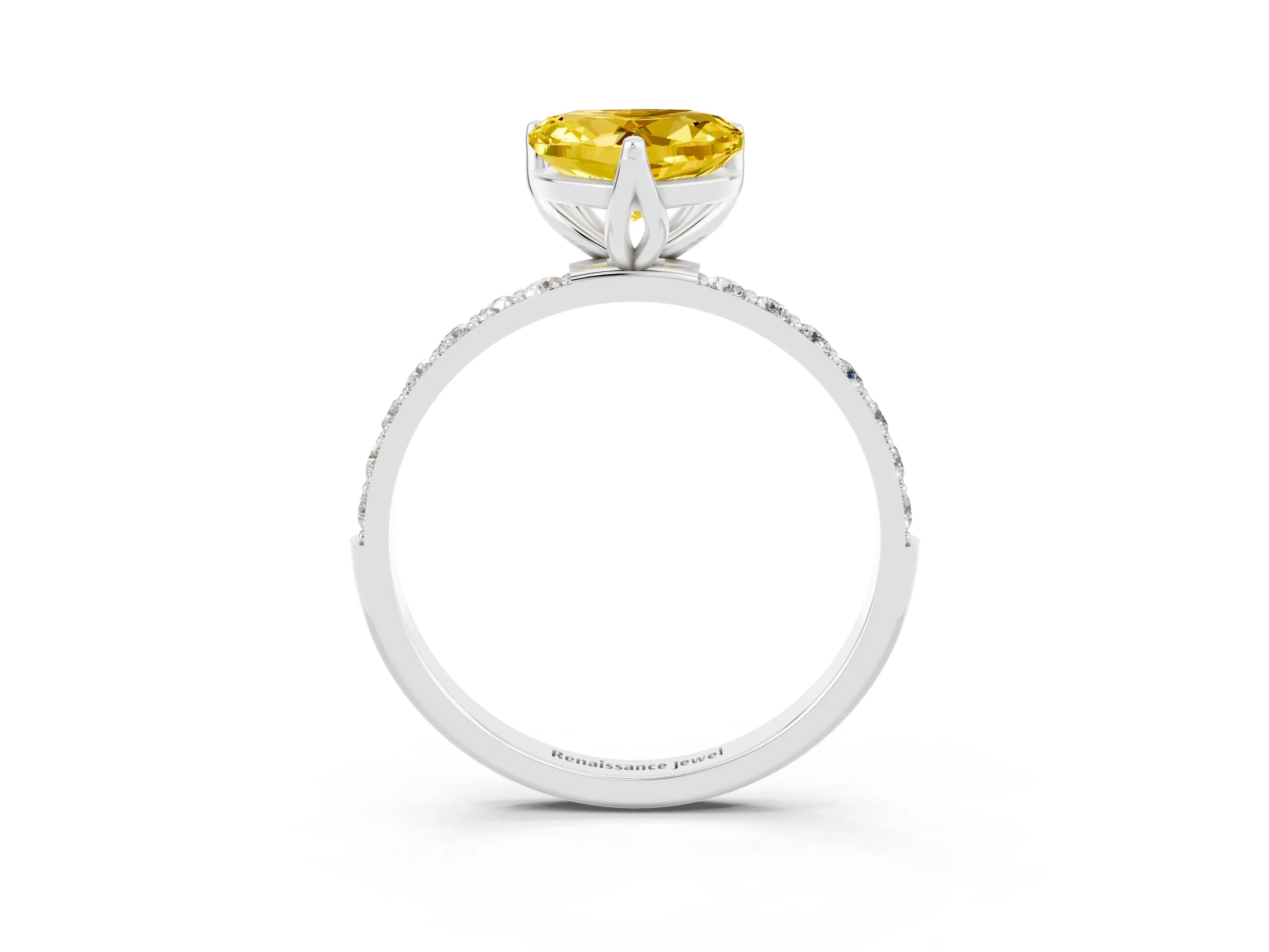White gold Heart Cut Yellow Sapphire Solitaire Engagement Ring with Pavé Band and Prong Setting_3