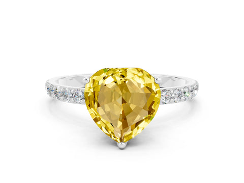 White gold Heart Cut Yellow Sapphire Solitaire Engagement Ring with Pavé Band and Prong Setting