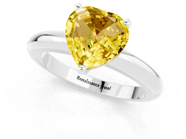 Platinum Heart Cut Yellow Sapphire Solitaire Engagement Ring with Round Band and Four-Prong Setting