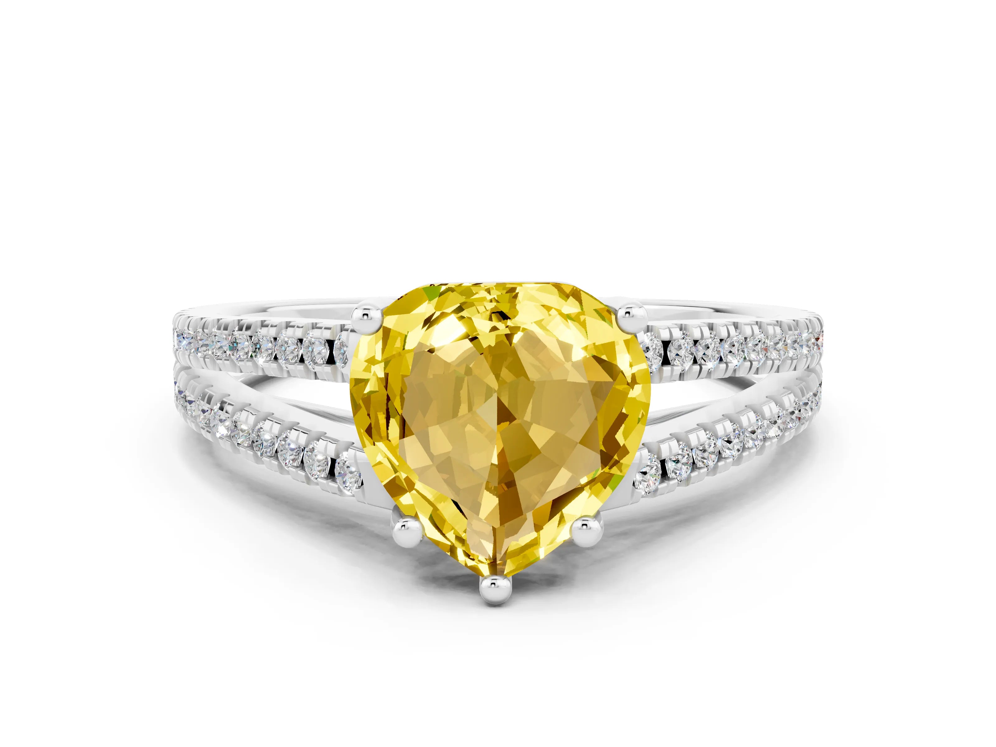 White gold Heart Cut Yellow Sapphire Solitaire Engagement Ring with Split Shank Pavé Band_12