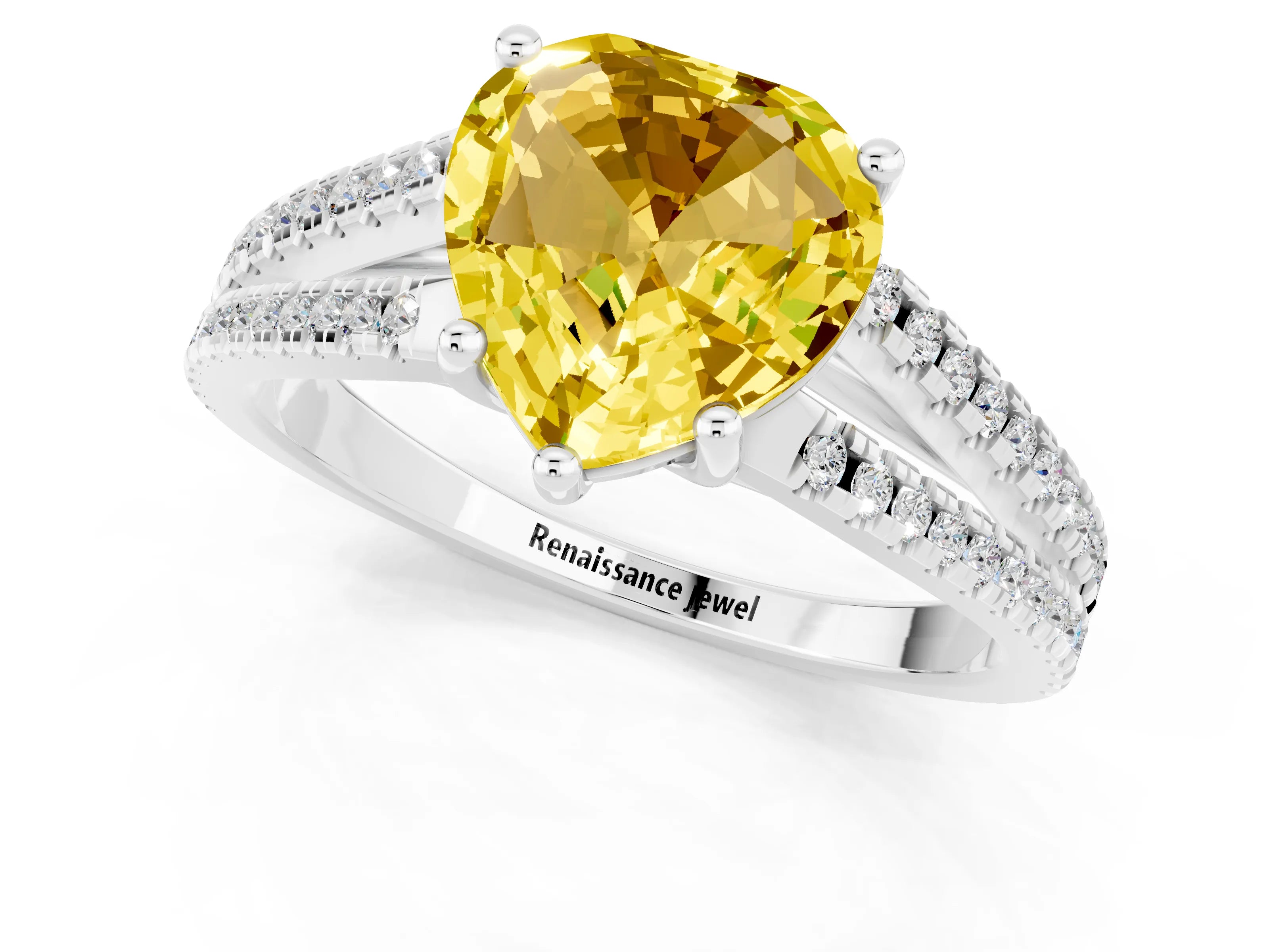 White gold Heart Cut Yellow Sapphire Solitaire Engagement Ring with Split Shank Pavé Band_13