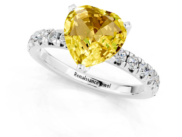 Platinum Heart Cut Yellow Sapphire Solitaire Pavé Engagement Ring with Round Band and Prong Setting