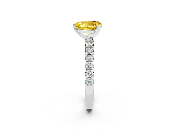 Silver Heart Cut Yellow Sapphire Solitaire Pavé Engagement Ring with Round Band and Prong Setting