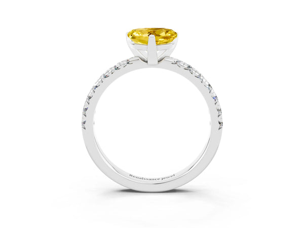 Silver Heart Cut Yellow Sapphire Solitaire Pavé Engagement Ring with Round Band and Prong Setting