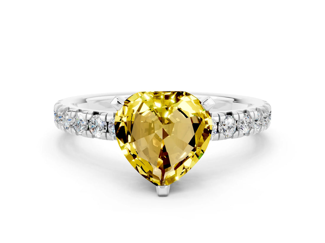 White gold Heart Cut Yellow Sapphire Solitaire Pavé Engagement Ring with Round Band and Prong Setting_78
