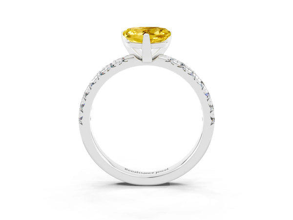 White gold Heart Cut Yellow Sapphire Solitaire Pavé Engagement Ring with Round Band and Prong Setting