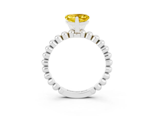 White gold Heart Cut Yellow Sapphire Solitaire Ring with Beaded Band and Prong Setting