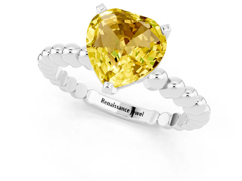 White gold Heart Cut Yellow Sapphire Solitaire Ring with Beaded Band and Prong Setting_1