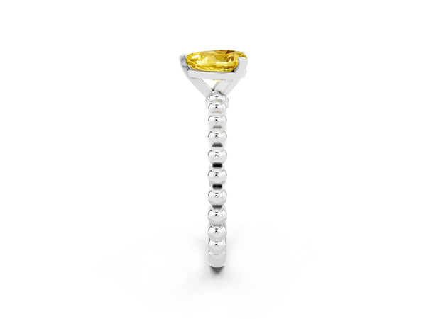 Platinum Heart Cut Yellow Sapphire Solitaire Ring with Beaded Band and Prong Setting