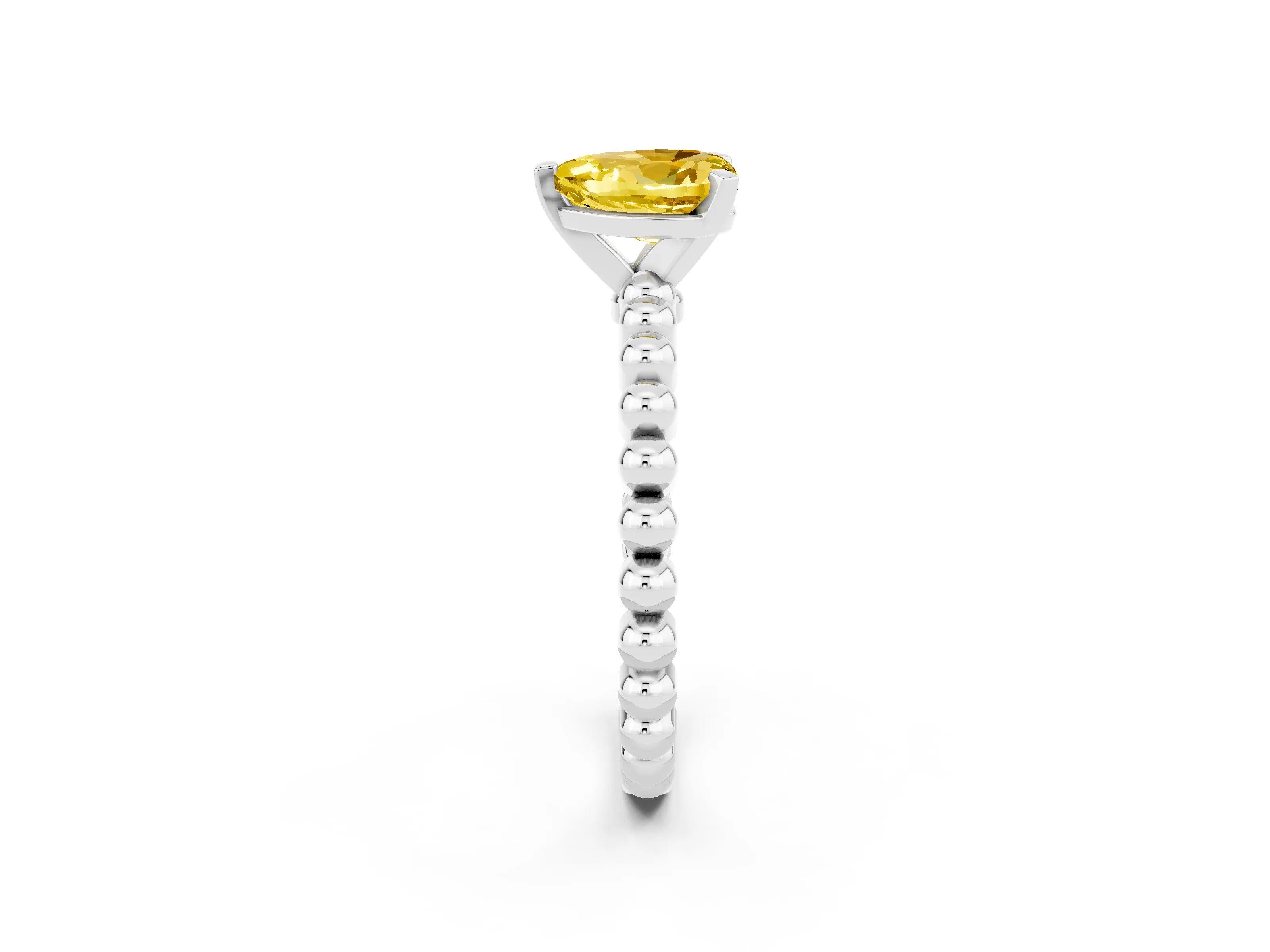 White gold Heart Cut Yellow Sapphire Solitaire Ring with Beaded Band and Prong Setting_2