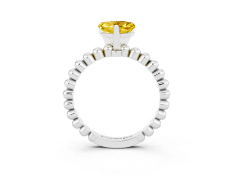 White gold Heart Cut Yellow Sapphire Solitaire Ring with Beaded Band and Prong Setting_3