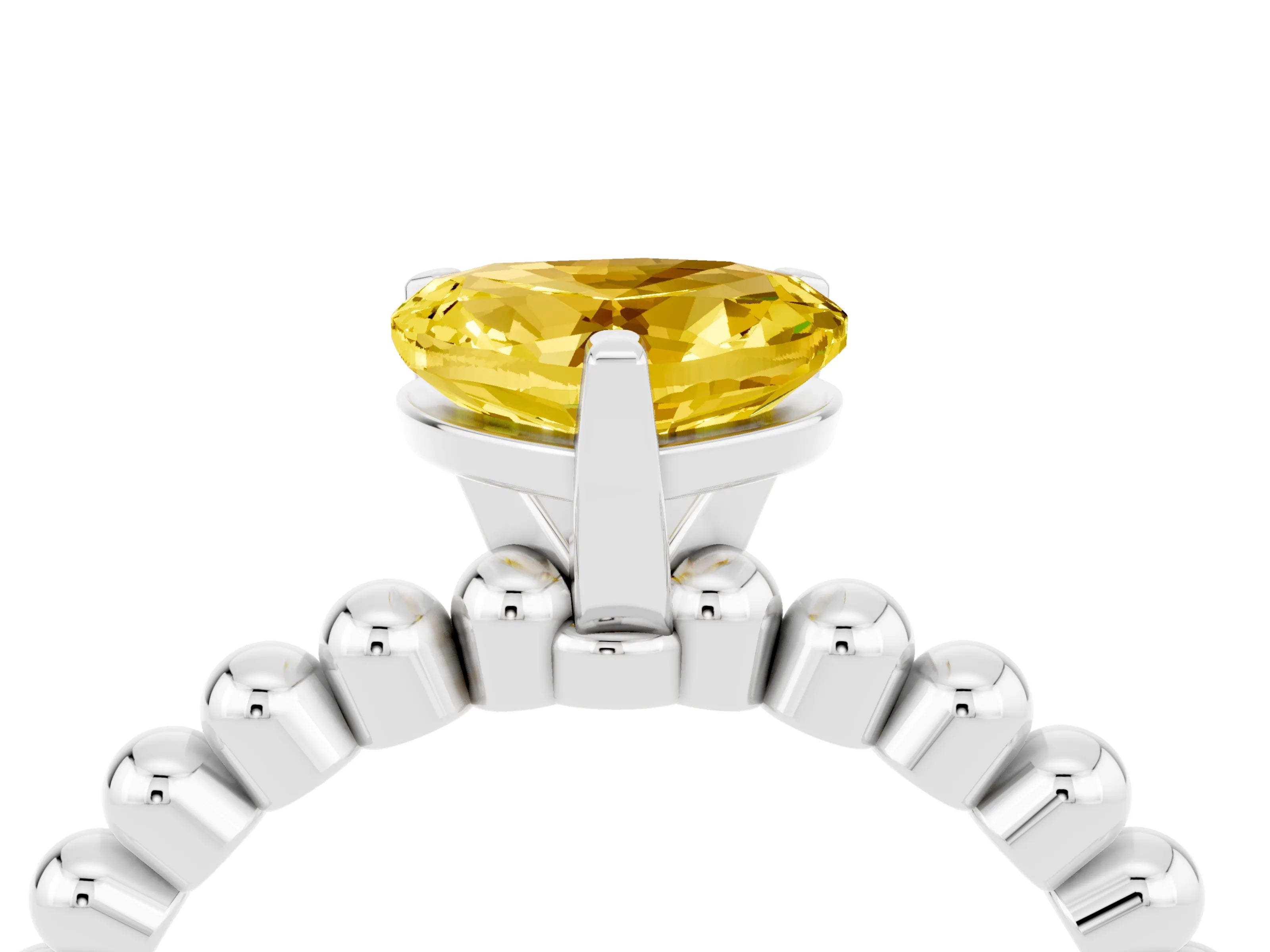 White gold Heart Cut Yellow Sapphire Solitaire Ring with Beaded Band and Prong Setting_4