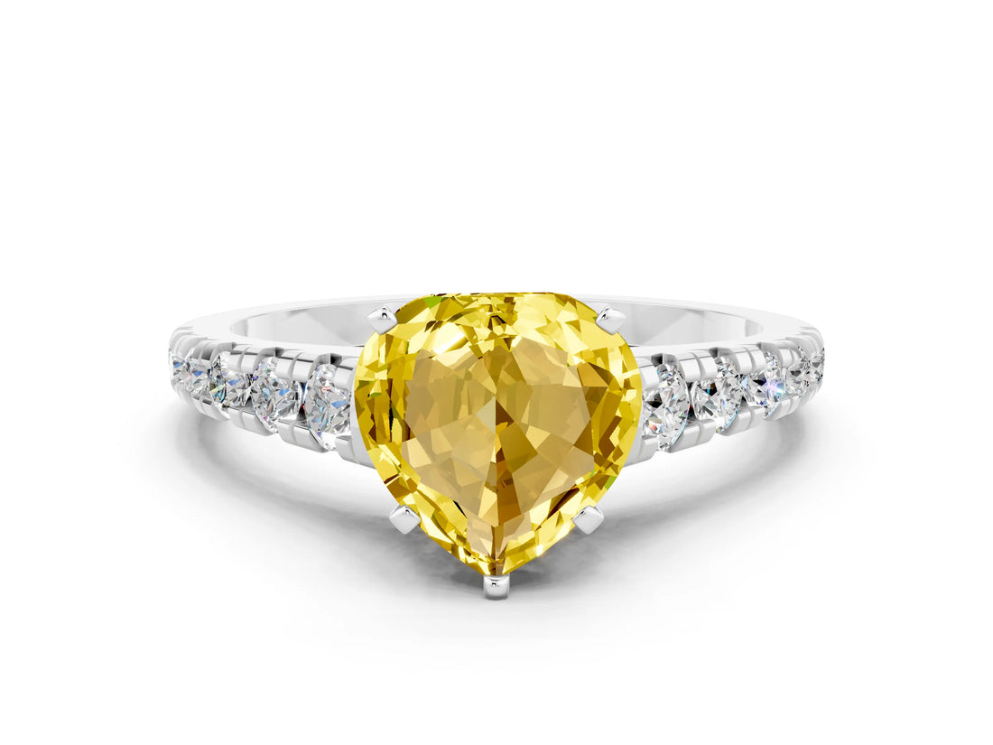White gold Heart Cut Yellow Sapphire Solitaire Ring with Cathedral Setting and Pavé Band_24