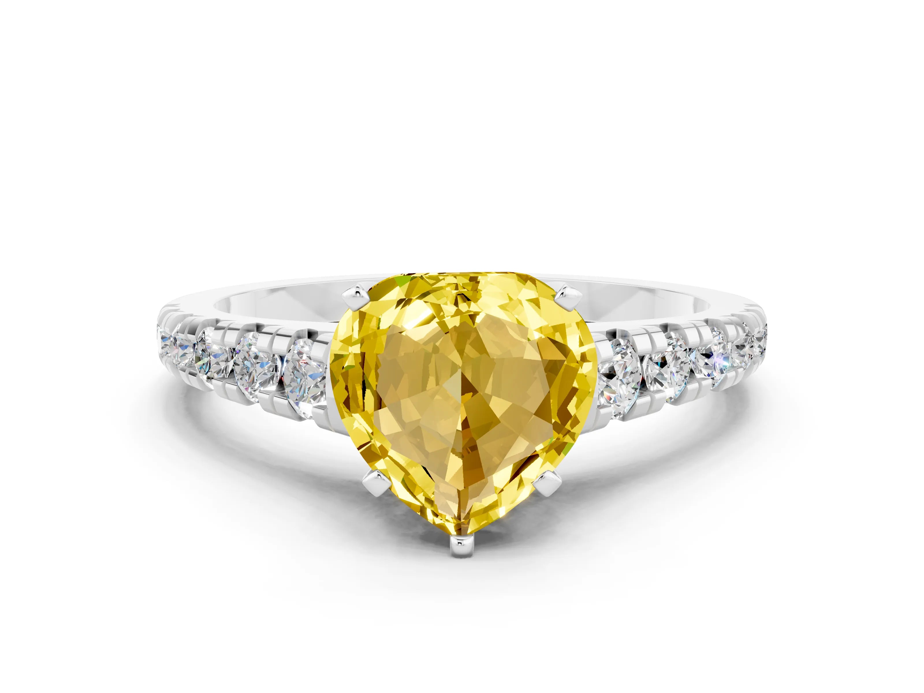 White gold Heart Cut Yellow Sapphire Solitaire Ring with Cathedral Setting and Pavé Band_24