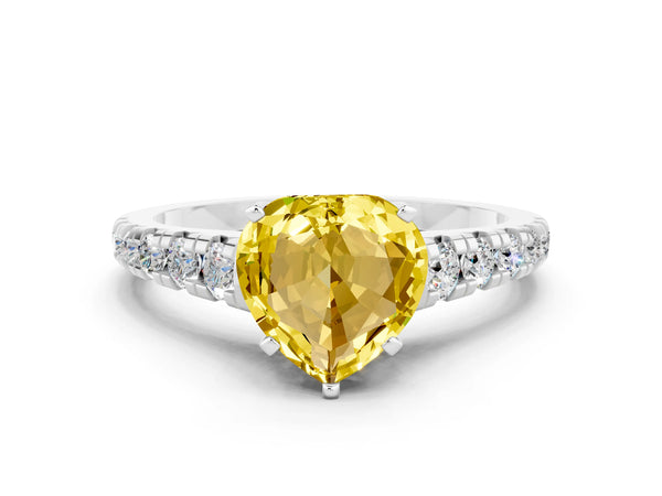 Silver Heart Cut Yellow Sapphire Cathedral Solitaire Ring with Round  Pavé Band