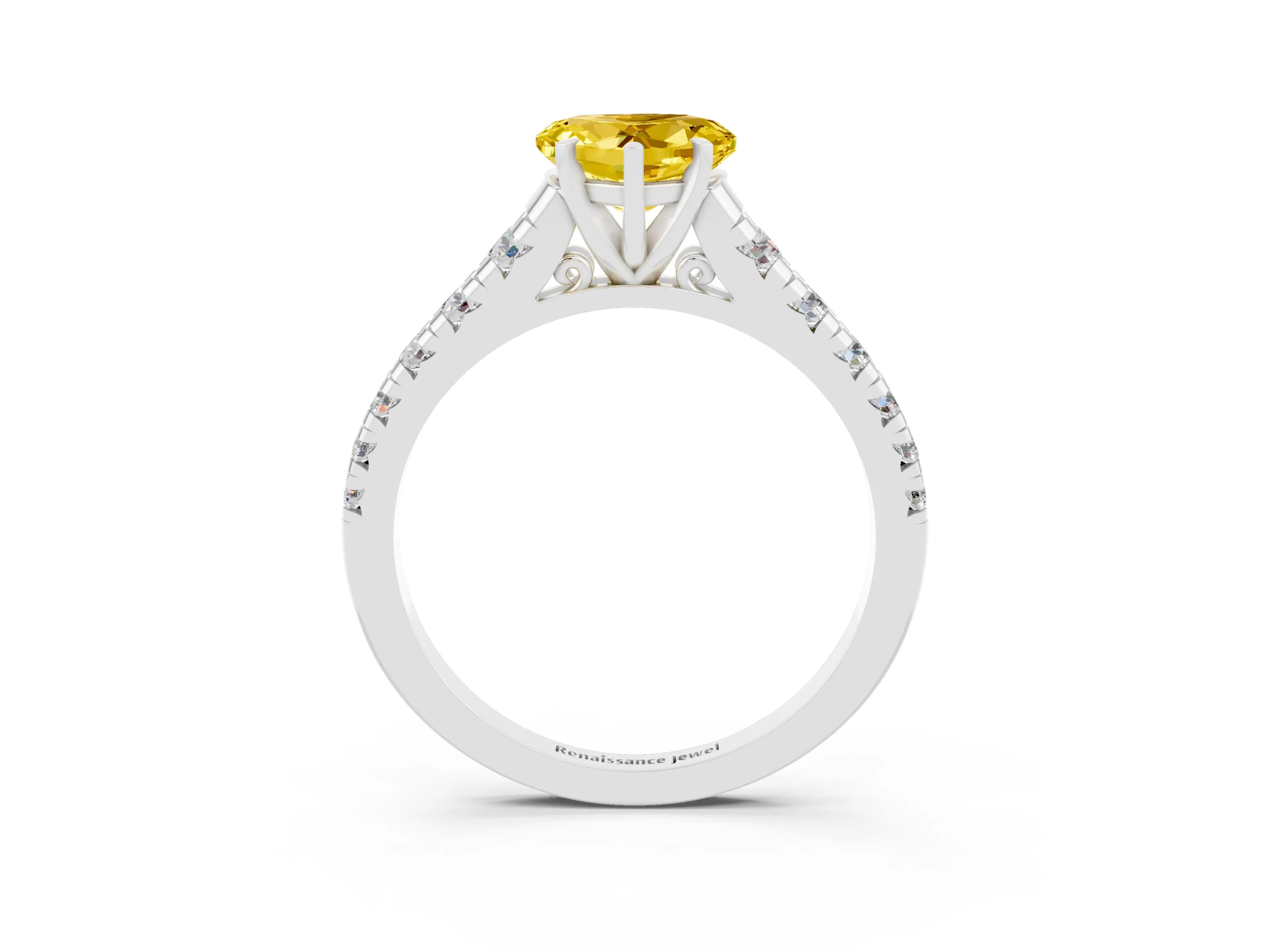 White gold Heart Cut Yellow Sapphire Solitaire Ring with Cathedral Setting and Pavé Band_27