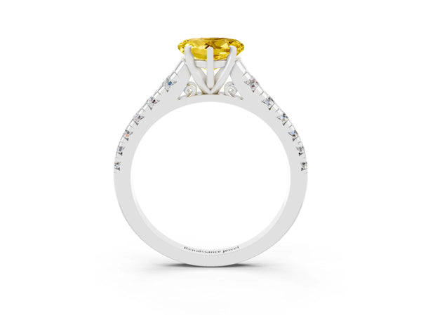 White gold Heart Cut Yellow Sapphire Cathedral Solitaire Ring with Round  Pavé Band