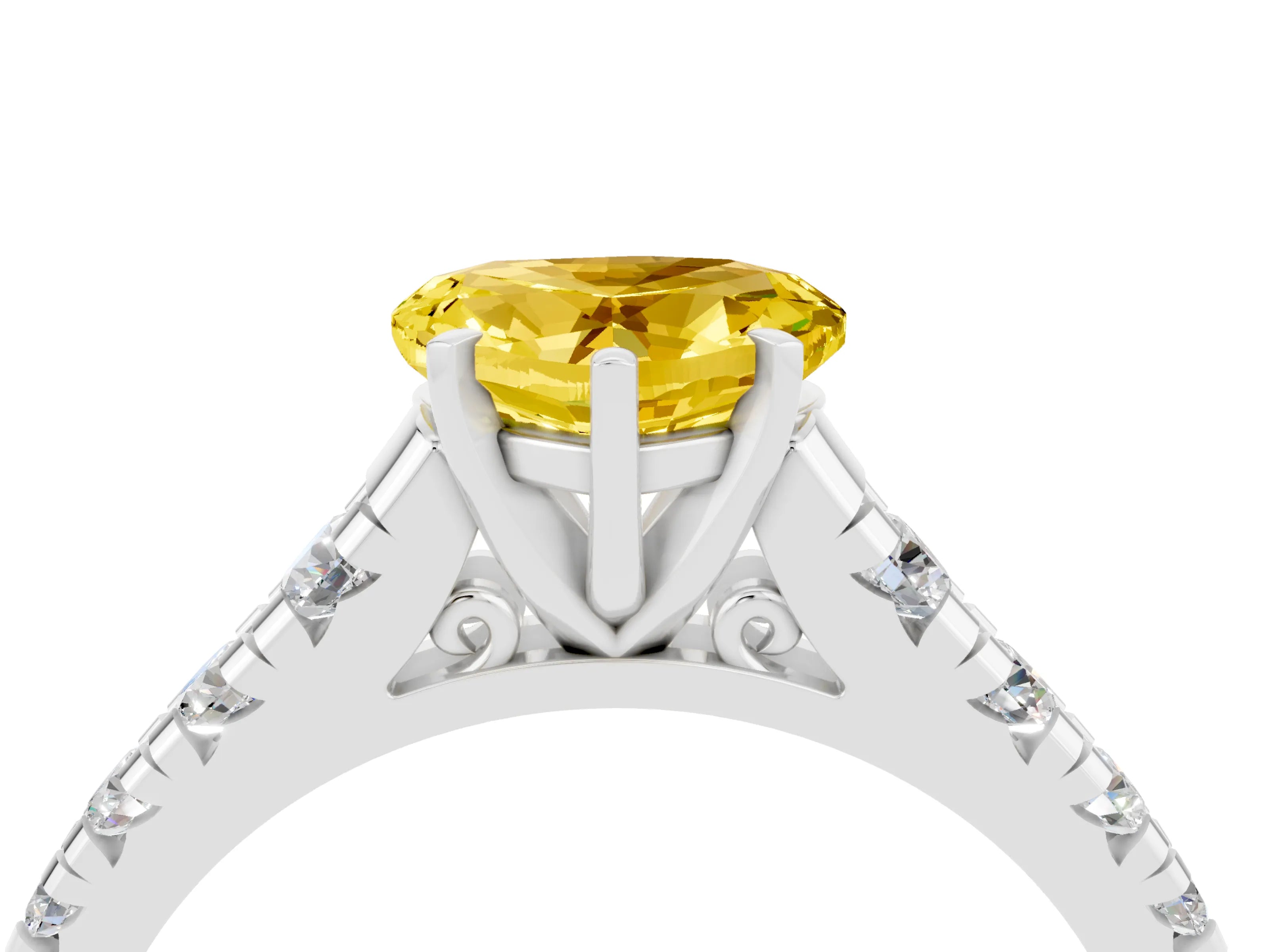 White gold Heart Cut Yellow Sapphire Solitaire Ring with Cathedral Setting and Pavé Band_28