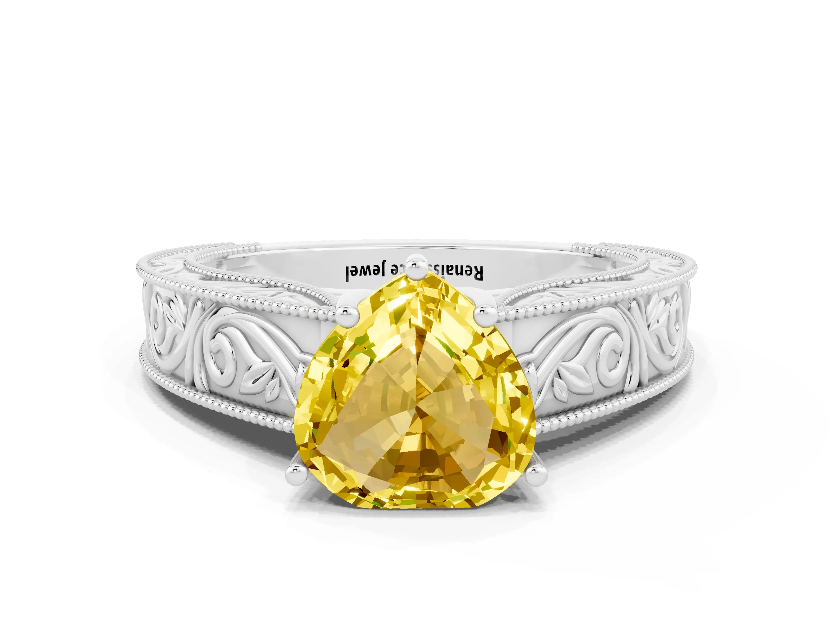White gold Heart Cut Yellow Sapphire Solitaire Ring with Engraved Band and Four-Prong Setting