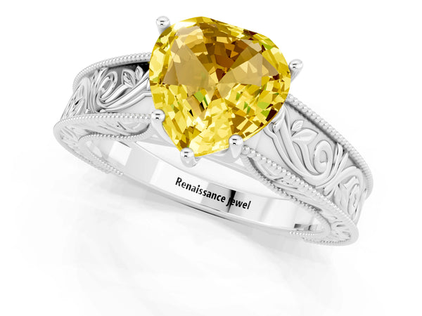 White gold Heart Cut Yellow Sapphire Solitaire Ring with Engraved Band and Four-Prong Setting