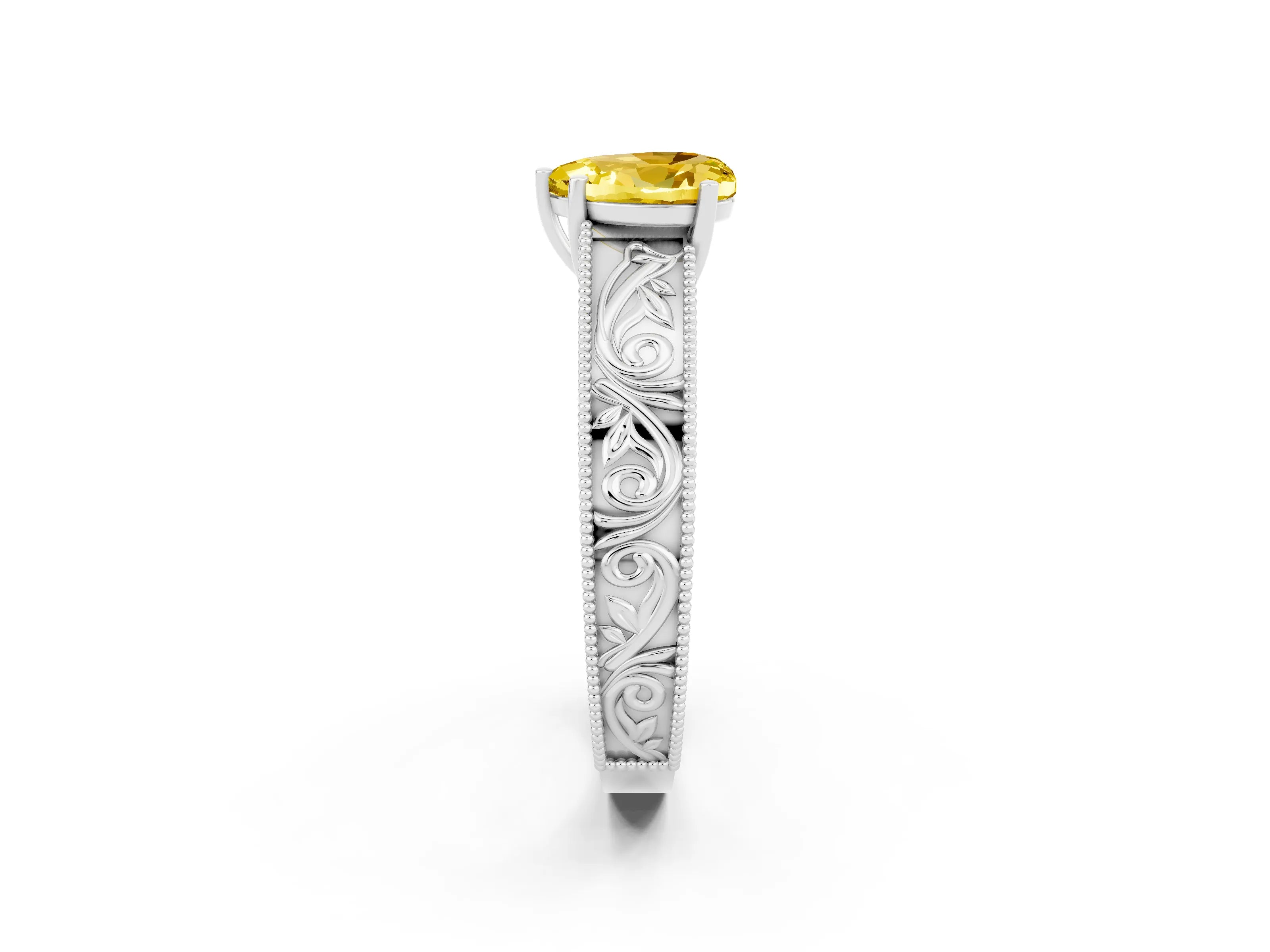 White gold Heart Cut Yellow Sapphire Solitaire Ring with Engraved Band and Four-Prong Setting_2