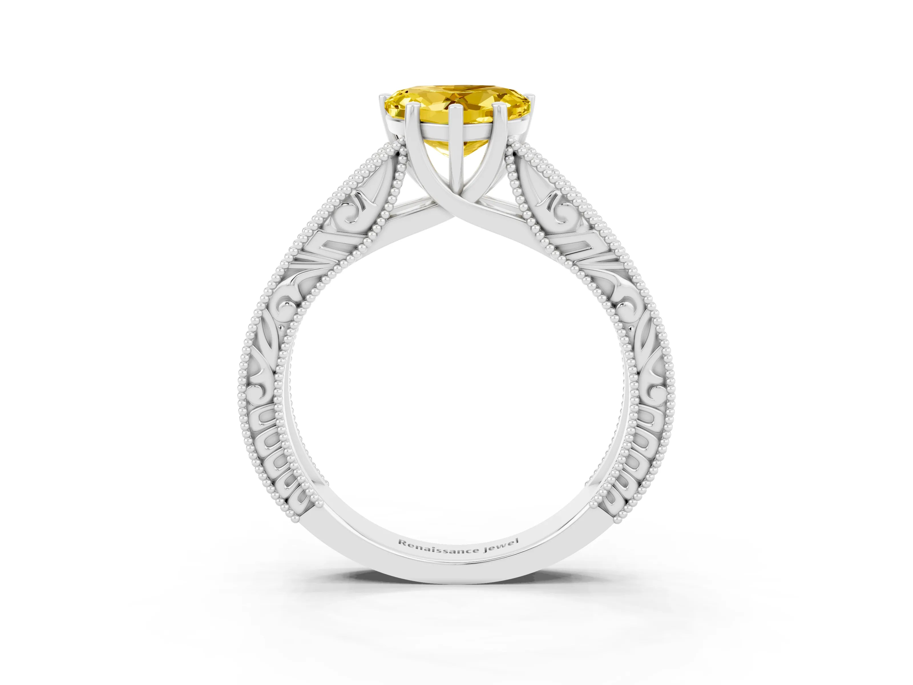 White gold Heart Cut Yellow Sapphire Solitaire Ring with Engraved Band and Four-Prong Setting_3